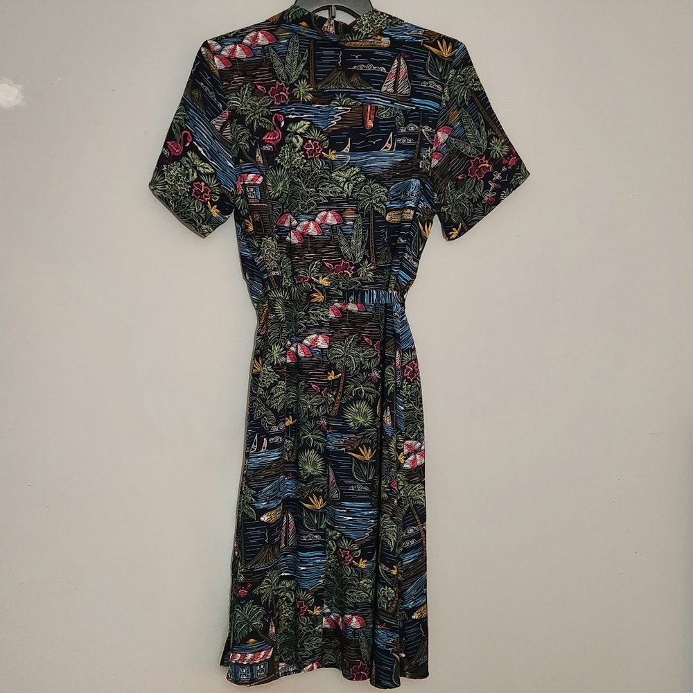 D&Co Denim And Company Tropical Print Midi‎ Tie Belt Shirt Dress Size 1X - Picture 4 of 11
